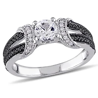 Bague de fiançailles Asteria avec saphirs blancs synthétiques de 0,63 ct PBT et diamants noirs de 0,25 ct poids total en argent sterling