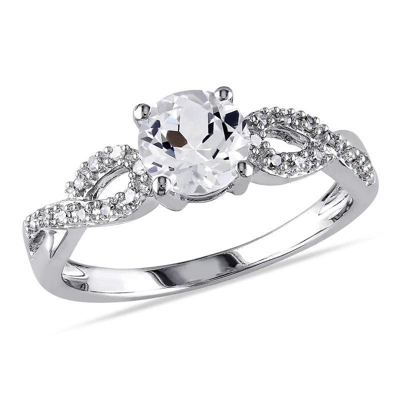 Bague de style superposée Miabella avec saphirs blancs synthétiques 1 ct PBT et diamants 0,10 ct poids total en or blanc 14 k