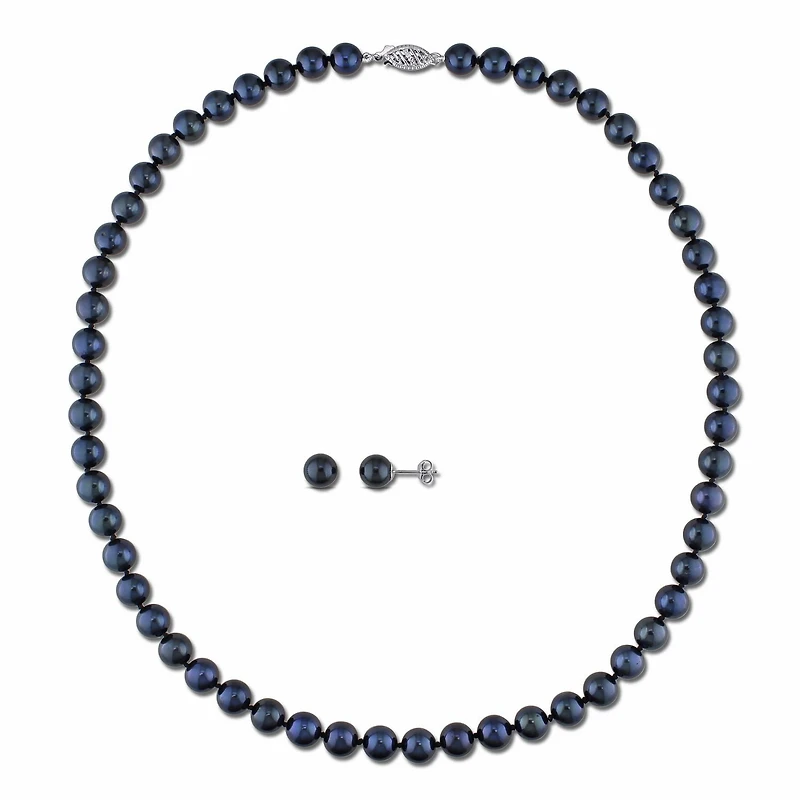 Asteria 6.5-7mm Black Cultured Pearl 14K White Gold Set of Strand Necklace and Stud Earrings
