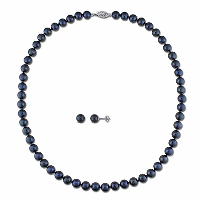 Asteria 6.5-7mm Black Cultured Pearl 14K White Gold Set of Strand Necklace and Stud Earrings