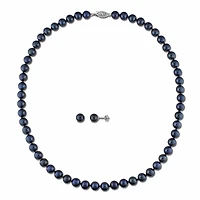 Asteria 6.5-7mm Black Cultured Pearl 14K White Gold Set of Strand Necklace and Stud Earrings