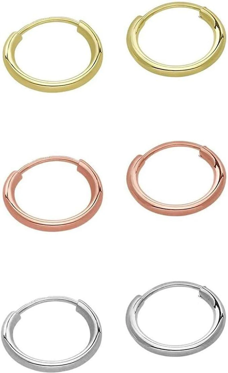 Luxury Designs 10KT Gold Set of 3 10mm hoops in White Gold, Yellow Gold and Rose Gold