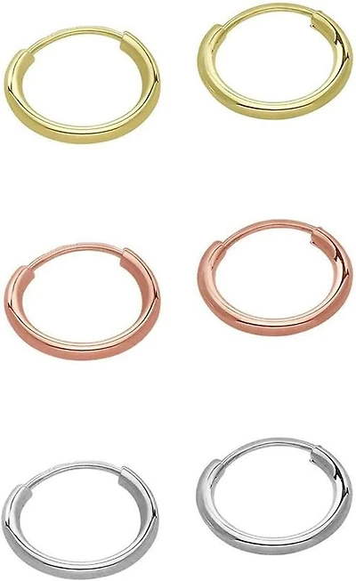 Luxury Designs 10KT Gold Set of 3 10mm hoops in White Gold, Yellow Gold and Rose Gold