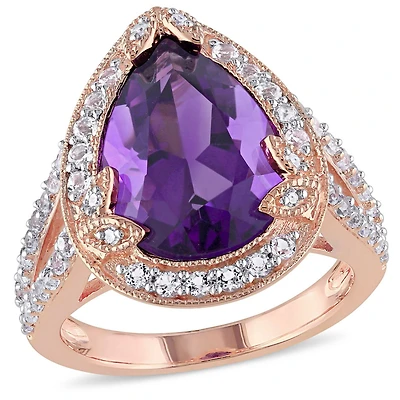 Bague cocktail en forme de larme Tangelo avec améthyste et topazes blanches 5,88 ct PBT et accents de diamants en argent sterling plaqué de rhodium rose