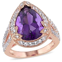 Bague cocktail en forme de larme Tangelo avec améthyste et topazes blanches 5,88 ct PBT et accents de diamants en argent sterling plaqué de rhodium rose