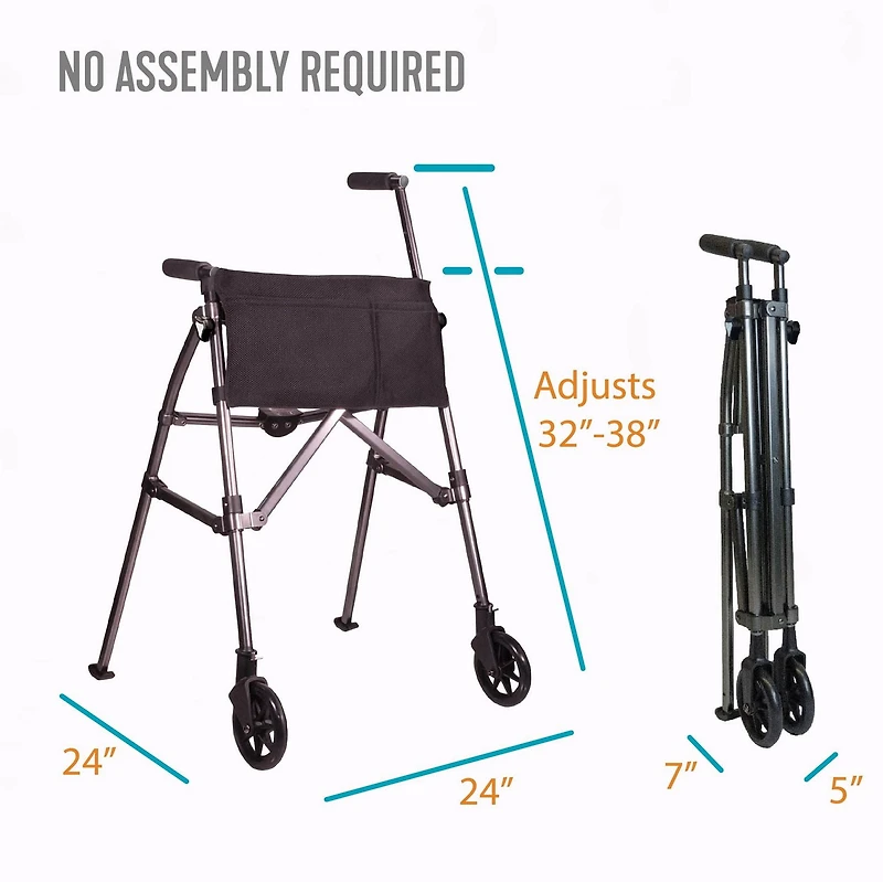 Stander Wonder Walker Plus, Lightweight Folding Rolling Walker for Seniors, Collapsible Travel EZ Fold-N-Go Walker with Wheels, Glides, & Basket, Compact Standard Walker