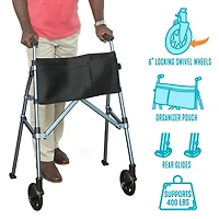 Stander Wonder Walker Plus, Lightweight Folding Rolling Walker for Seniors, Collapsible Travel EZ Fold-N-Go Walker with Wheels, Glides, & Basket, Compact Standard Walker