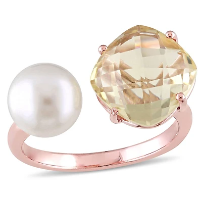 Tangelo 8-8.5mm White Round Freshwater Cultured Pearl and 0.75 Carat T.G.W Lemon Quartz Rose Rhodium-Plated Sterling Silver Ring