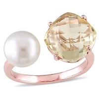 Tangelo 8-8.5mm White Round Freshwater Cultured Pearl and 0.75 Carat T.G.W Lemon Quartz Rose Rhodium-Plated Sterling Silver Ring
