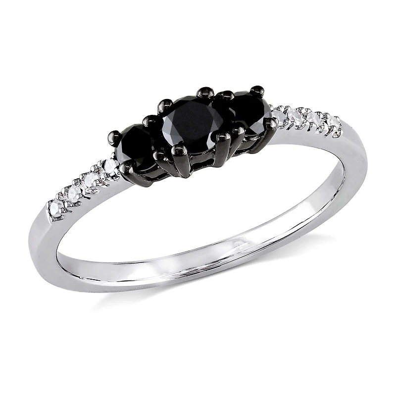 Asteria 0.50 Carat T.W Black and White Diamond 10 K White Gold Three Stone Engagement Ring