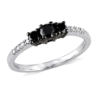 Asteria 0.50 Carat T.W Black and White Diamond 10 K White Gold Three Stone Engagement Ring