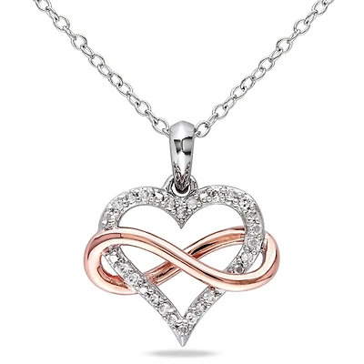 Pendentif avec coeur et symbole d'infini Miabella avec diamants 0,10 CT poids total en argent sterling double ton, 18 po