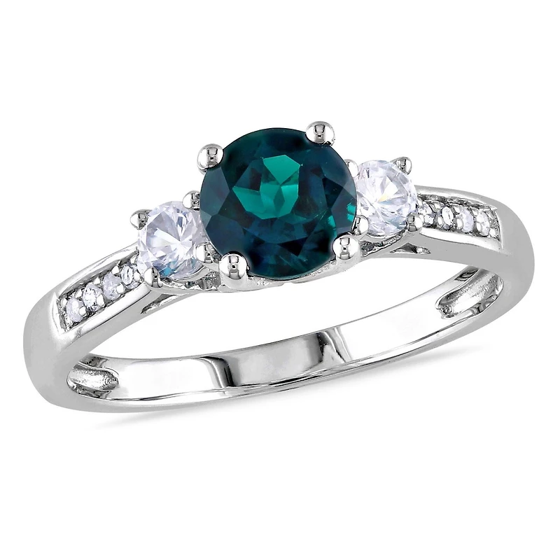 Tangelo 1.13 Carat T.G.W. Created Emerald with Created White Sapphire and Diamond Accent 10 K White Gold Three-Stone Ring