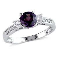 Tangelo 1.33 Carat T.G.W. Simulated Alexandrite with Created White Sapphire and Diamond-Accent 10 K White Gold Three Stone Ring