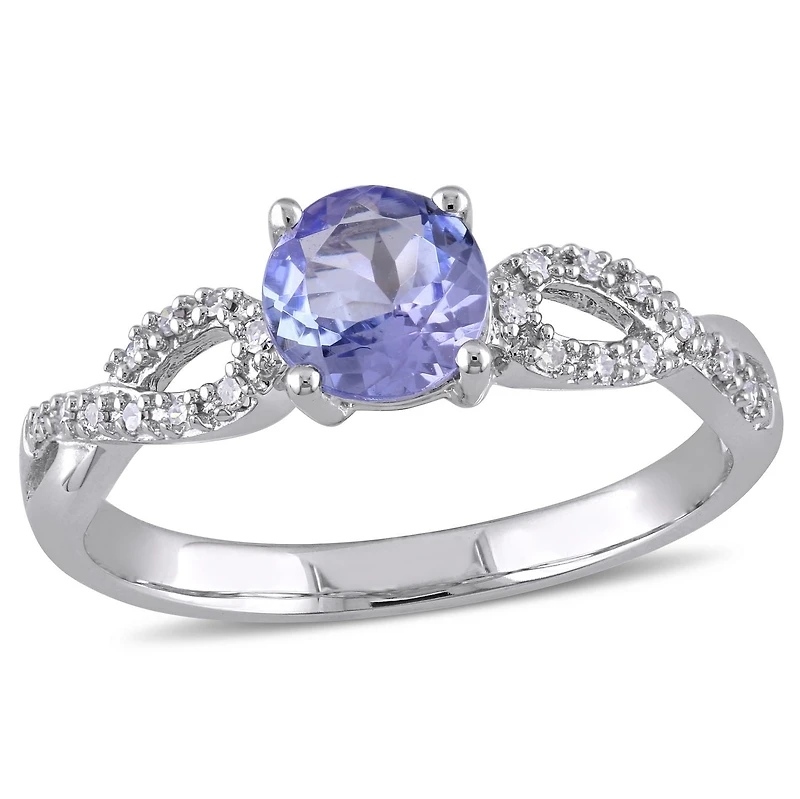 Bague de style superposée Tangelo avec tanzanite 1 ct PBT et diamants 0,10 ct poids total en or blanc 10 k