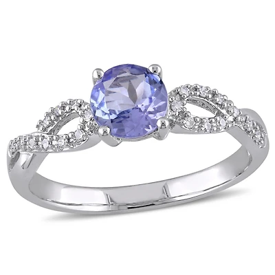 Bague de style superposée Tangelo avec tanzanite 1 ct PBT et diamants 0,10 ct poids total en or blanc 10 k