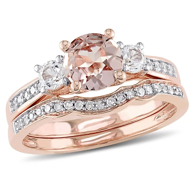 Tangelo 1.14 Carat T.G.W Morganite and Created White Sapphire with 0.14 Carat T.W Diamond 10 K Rose Gold Three Stone Bridal Set