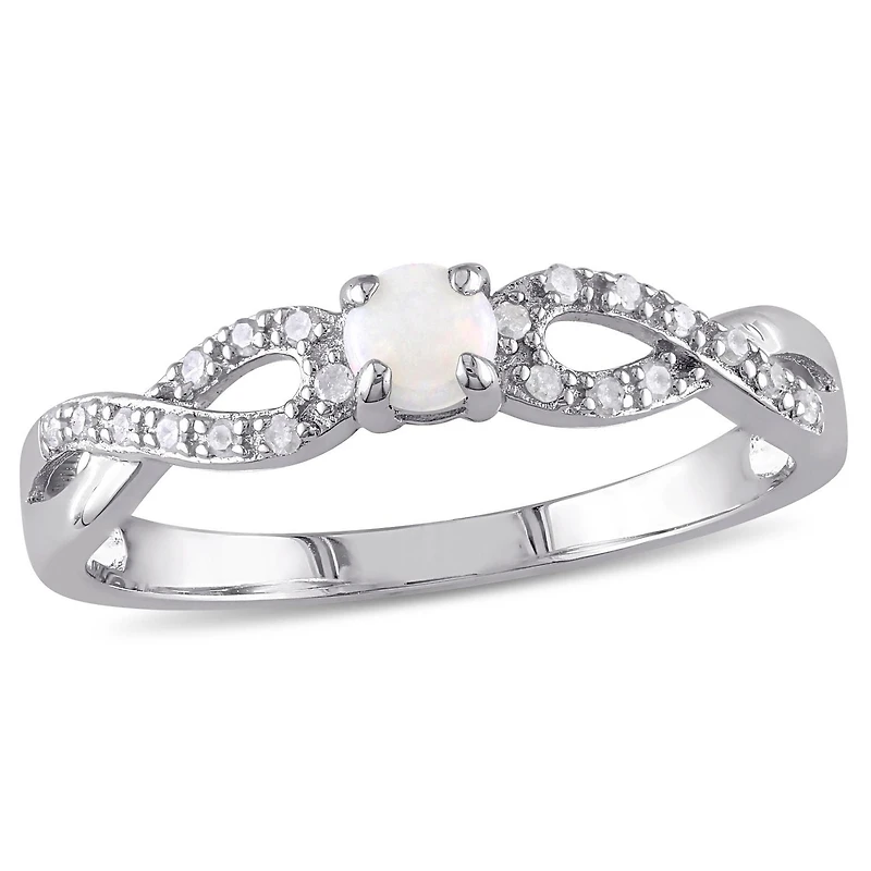 Bague en forme de infini avec opale 0,10 ct PBT et diamants 0,10 ct poids total en argent sterling