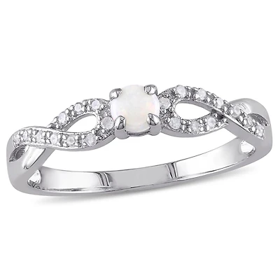 Bague en forme de infini avec opale 0,10 ct PBT et diamants 0,10 ct poids total en argent sterling
