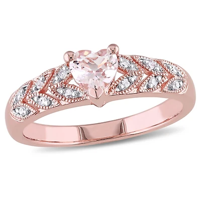 Bague Tangelo avec morganite de forme cœur 0,50 CT PBT et accent de diamants en argent sterling plaqué de rhodium rosé