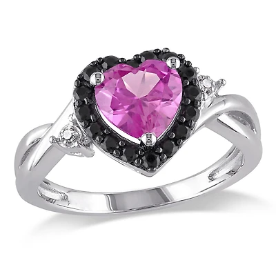 Tangelo 1.88 Carat T.G.W. Created Pink Sapphire, Black Spinel and Diamond-Accent Sterling Silver Heart Ring