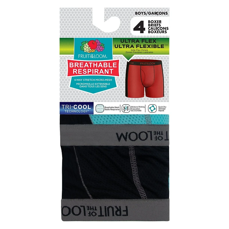 Boys' Breathable Flex Boxer Briefs, Pack of 4, Sizes S-XL