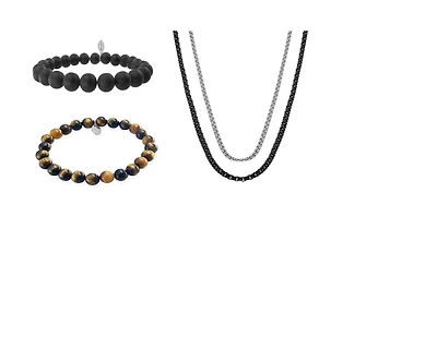 Luxury Designs Ensemble bracelet extensible et collier Duo Oeil de Tigre & Onyx pour homme