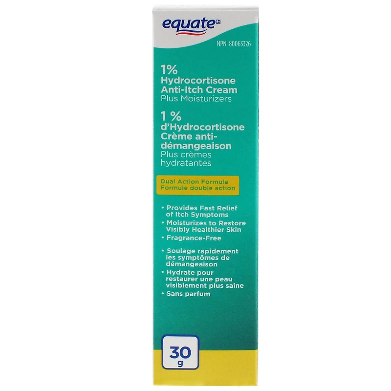 Equate 1% d'Hydrocortisone crème anti-démangeaison plus crèmes hydratantes Formule DOUBLE ACTION<br><br>30 g