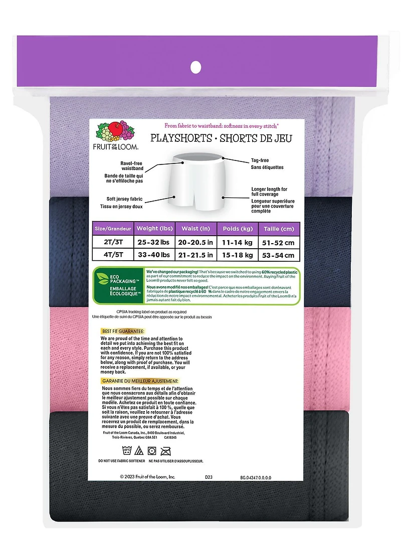 Shorts de Jeu pour fillettes, paquet de 4 2T – 5T
