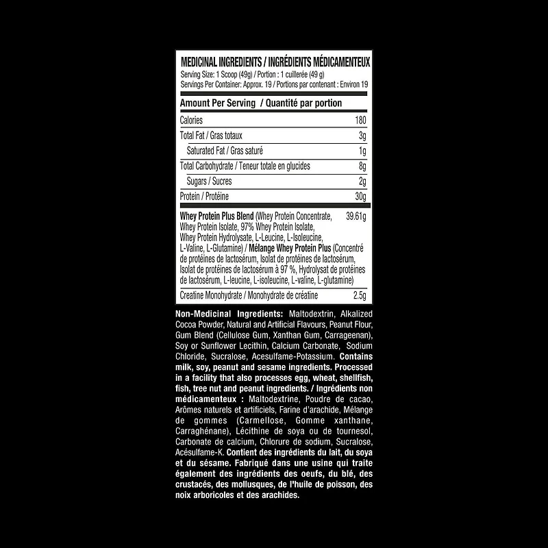 Poudre de protéine de lactosérum au beurre d’arachide et chocolate série Elite Plus de Six Star