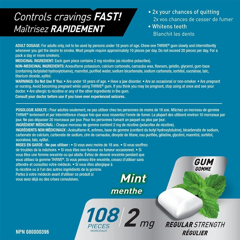 Thrive Gum 2mg Regular Strength Nicotine Replacement, Mint, 108 count