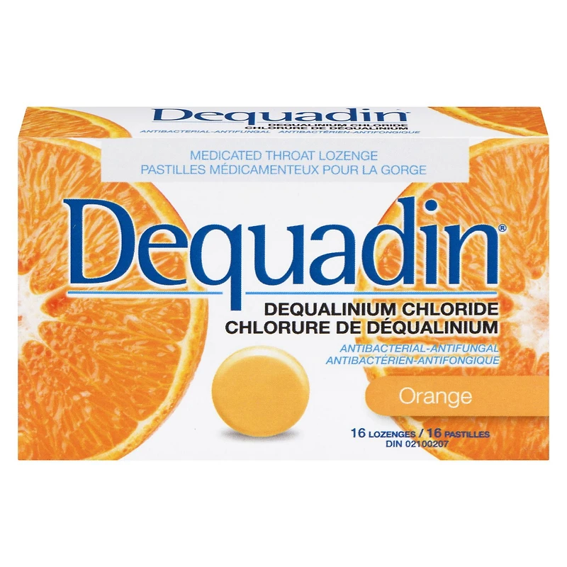 Dequadin Medicated Throat Lozenges - Orange | Provides Antibacterial & Antifungal Relief From Sore Throat & Mouth Sores, 16 Lozenges