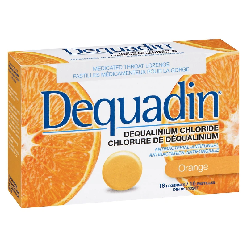 Dequadin Medicated Throat Lozenges - Orange | Provides Antibacterial & Antifungal Relief From Sore Throat & Mouth Sores, 16 Lozenges
