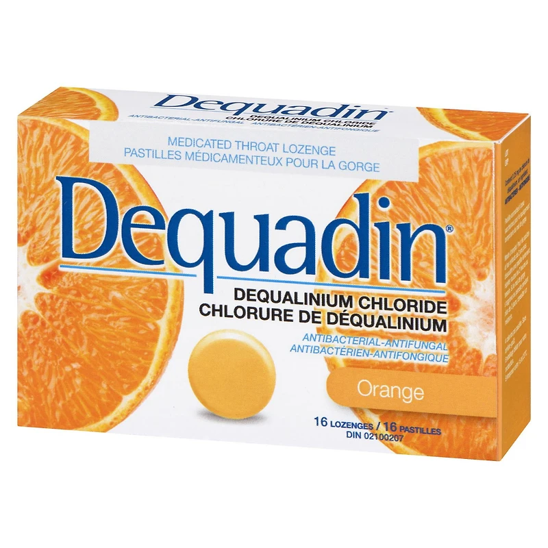 Dequadin Medicated Throat Lozenges - Orange | Provides Antibacterial & Antifungal Relief From Sore Throat & Mouth Sores, 16 Lozenges