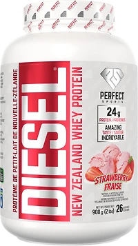 PERFECT Sports - Protéine de lactosérum de Nouvelle-Zélande DIESEL, crème glacée à la fraise 2 lb (908 g) DIESEL Protéine de lactosérum de Nouvelle-Zélande