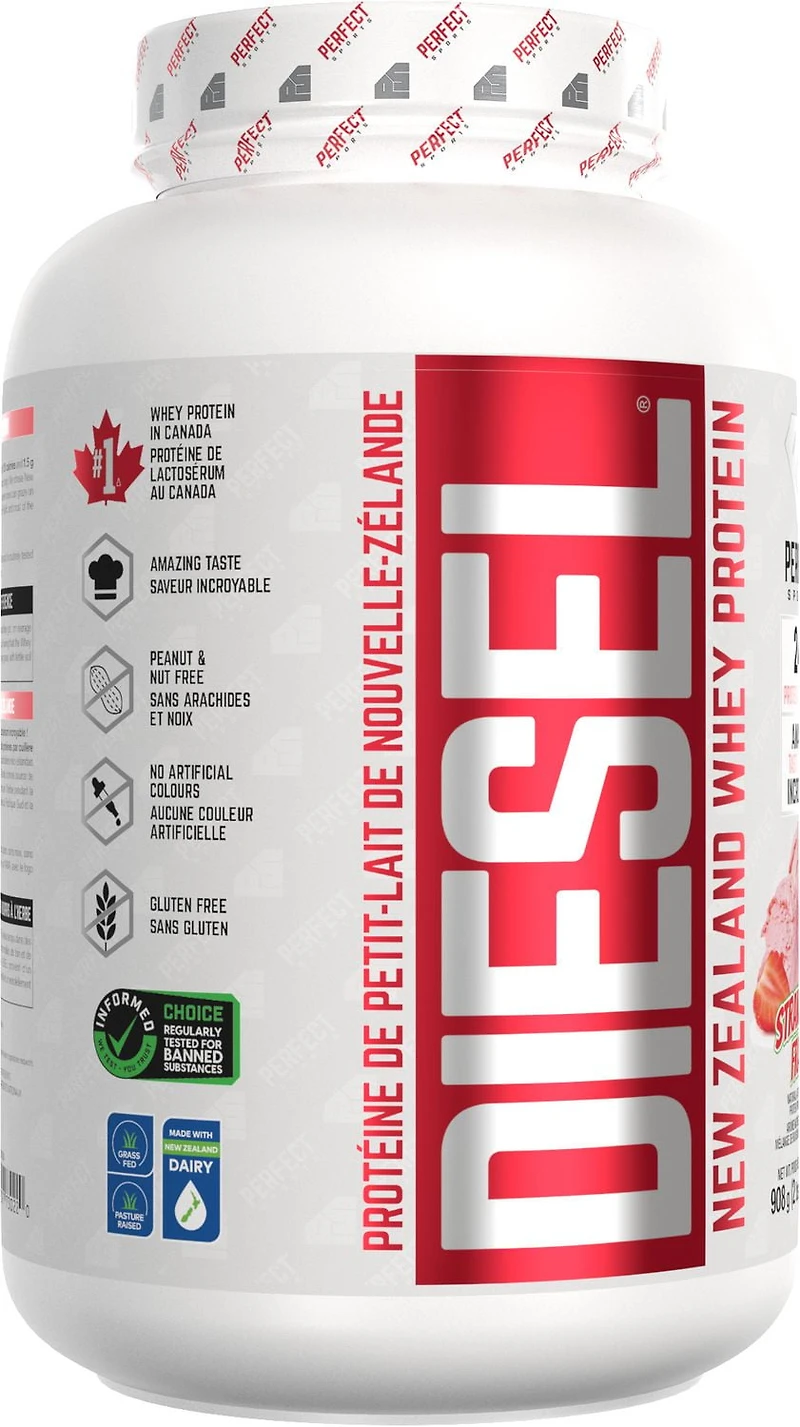 PERFECT Sports - Protéine de lactosérum de Nouvelle-Zélande DIESEL, crème glacée à la fraise 2 lb (908 g) DIESEL Protéine de lactosérum de Nouvelle-Zélande