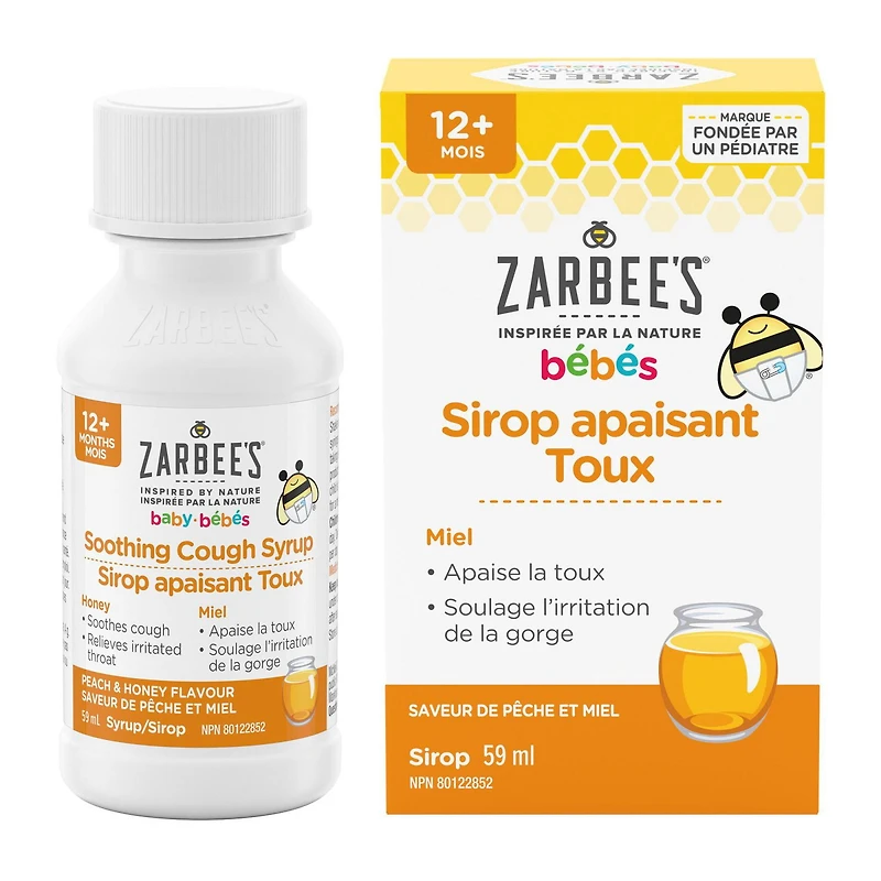 Zarbee's Baby Soothing Cough Syrup, Sore Throat Relief, Naturally Sourced Honey, Dye-Free, Peach & Honey Flavour