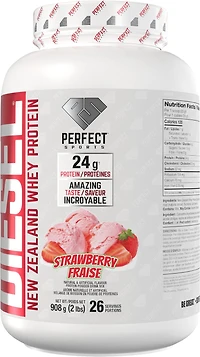 PERFECT Sports - Protéine de lactosérum de Nouvelle-Zélande DIESEL, crème glacée à la fraise 2 lb (908 g) DIESEL Protéine de lactosérum de Nouvelle-Zélande