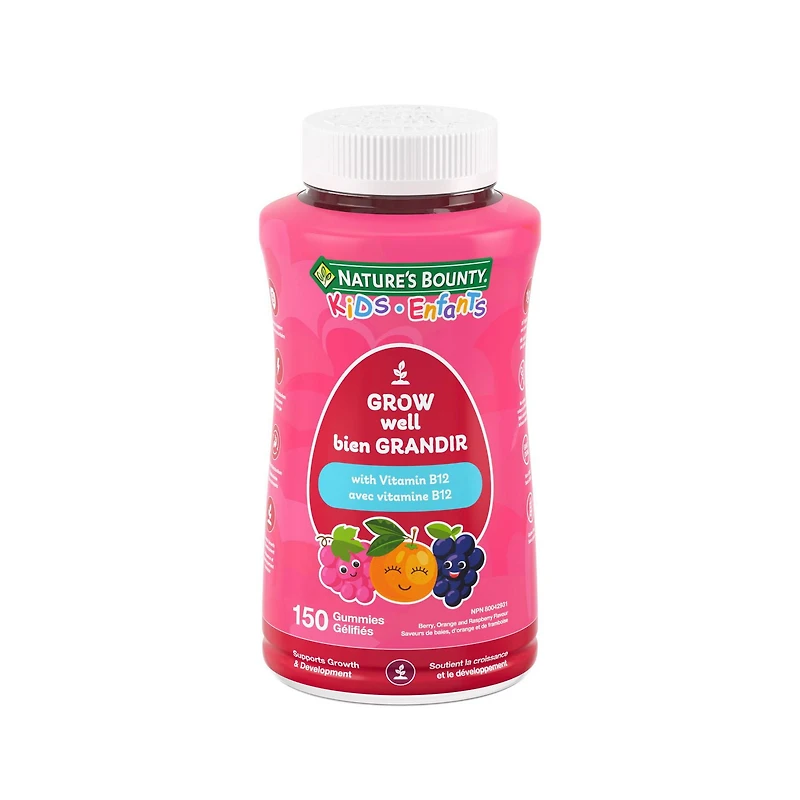 NATURE'S BOUNTY Bien grandir ENFANTS avec vitamine B12, 1 g de sucre par gélifié, pour carences en vitamine B12, métabolisme énergétique et nutriments, immunité, croissance et développement 150 paquet 150 pc