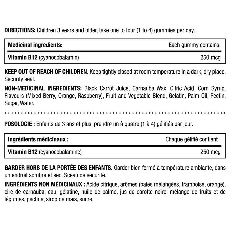 NATURE'S BOUNTY Bien grandir ENFANTS avec vitamine B12, 1 g de sucre par gélifié, pour carences en vitamine B12, métabolisme énergétique et nutriments, immunité, croissance et développement 150 paquet 150 pc