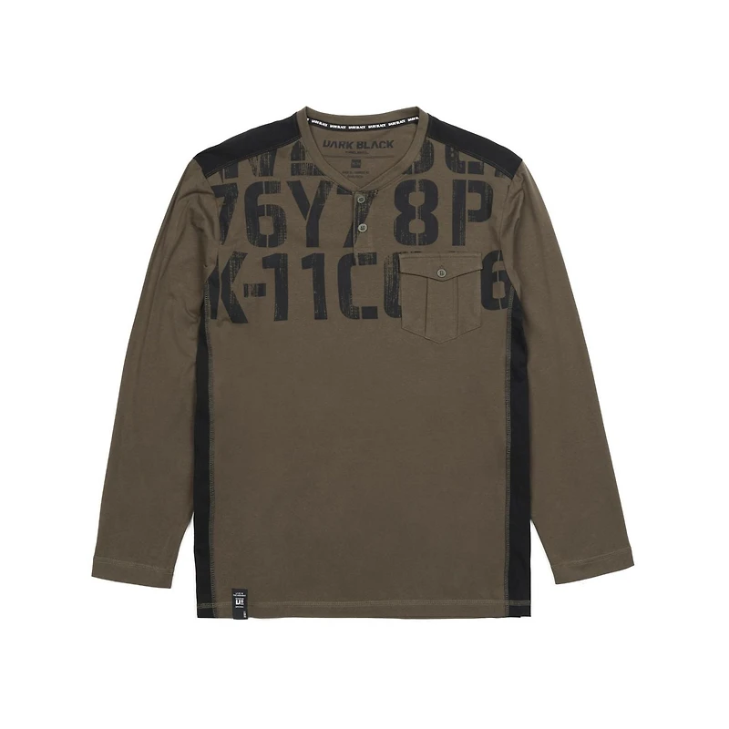 Dark Black Men's Long-Sleeve Graphic Henley T-Shirt