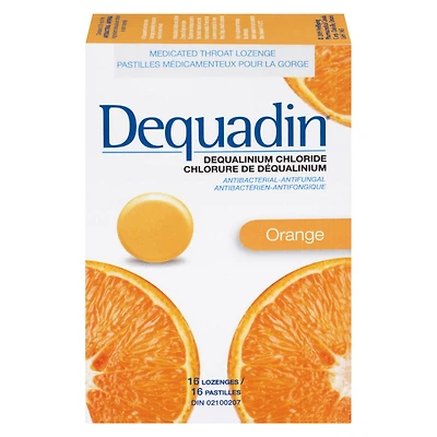 Dequadin Medicated Throat Lozenges - Orange | Provides Antibacterial & Antifungal Relief From Sore Throat & Mouth Sores, 16 Lozenges