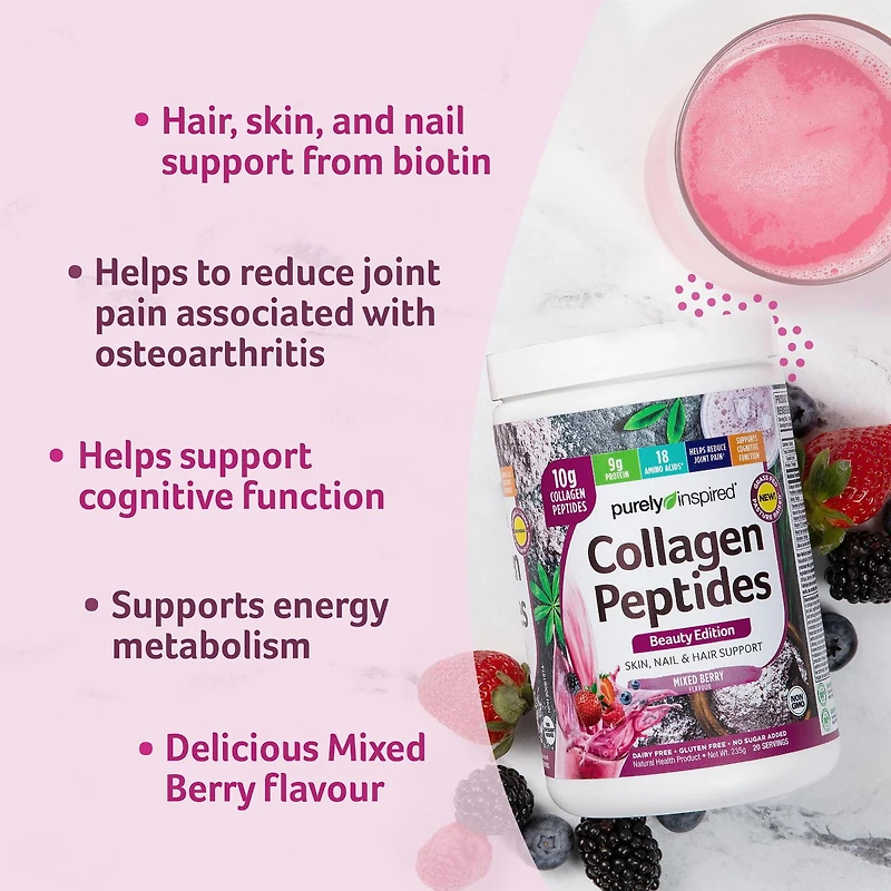 Purely Inspired Collagen Protein Powder- Beauty Edition Berry Flavour, Hair, Skin Nail Support, 10g Collagen, Biotin, Dairy Free, Gluten Free, No Sugar Added, Non GMO