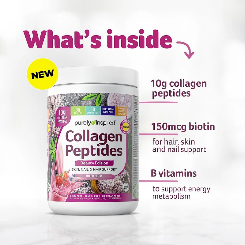 Purely Inspired Collagen Protein Powder- Beauty Edition Berry Flavour, Hair, Skin Nail Support, 10g Collagen, Biotin, Dairy Free, Gluten Free, No Sugar Added, Non GMO