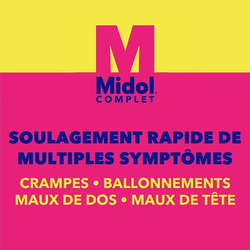 Midol formule complète offrant un soulagement rapide de la douleur associée aux multiples symptômes menstruels tels que les crampes, les maux de tête, les maux de dos et les ballonnements 40 caplets
