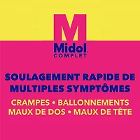 Midol formule complète offrant un soulagement rapide de la douleur associée aux multiples symptômes menstruels tels que les crampes, les maux de tête, les maux de dos et les ballonnements 40 caplets