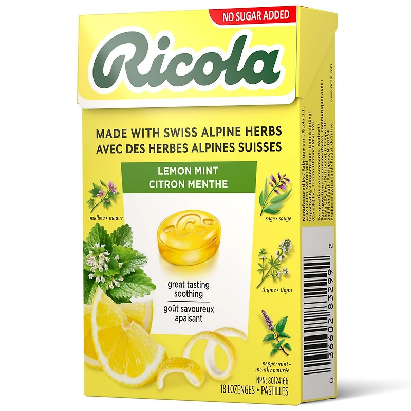 Boîte de Ricola Citron Menthe, Soulagement Naturel Pour La Gorge, Sans Sucre Ajouté