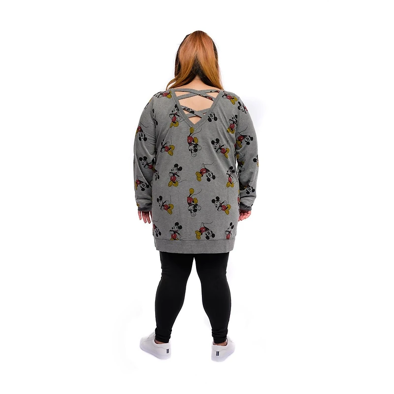 Ladies Plus Disney Retro Mickey All Over Print Long Sleeve PopOver with Criss Cross Back