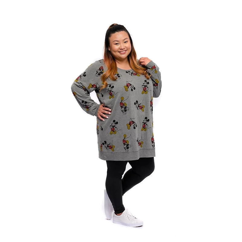 Ladies Plus Disney Retro Mickey All Over Print Long Sleeve PopOver with Criss Cross Back