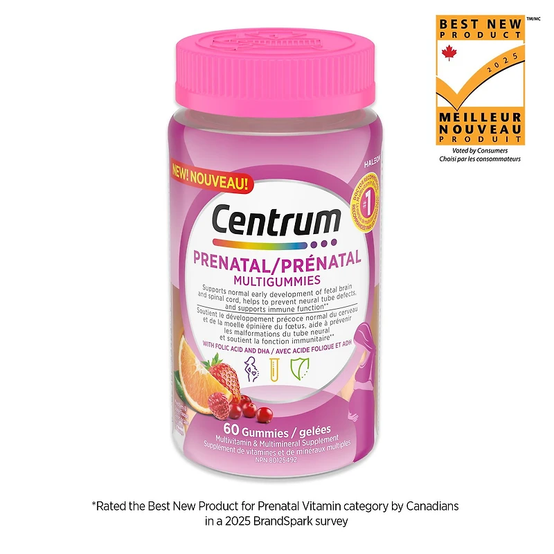 Multigummies prénatales Centrum avec DHA et acide folique, supplément multivitaminé et minéral post-partum, 60 pièces, approvisionnement de 30 jours Multigummies prénatales Centrum